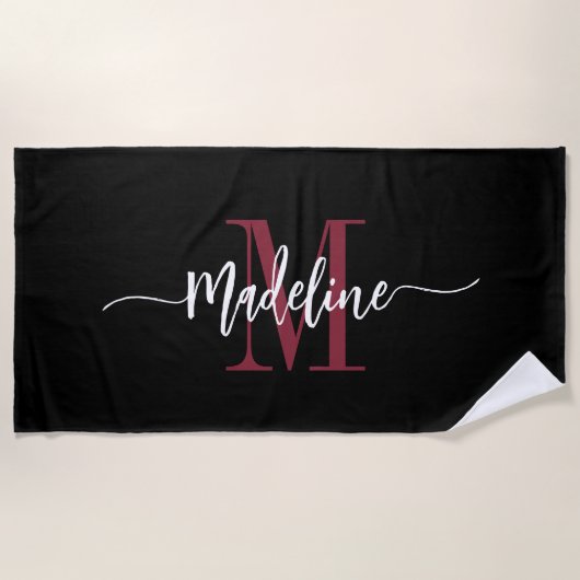 Serviette De Plage Nom de monogramme élégant personnalisé Script noir (Devant)