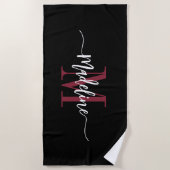 Serviette De Plage Nom de monogramme élégant personnalisé Script noir (Devant)