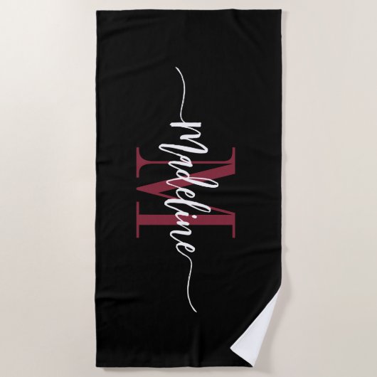 Serviette De Plage Nom de monogramme élégant personnalisé Script noir (Devant)