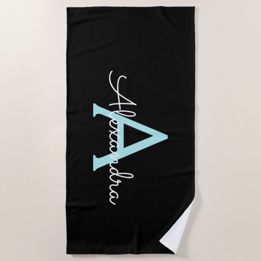 Serviette De Plage Nom de monogramme girly bleu sarcelle aqua Script (Devant)