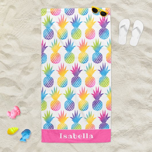 Serviette De Plage Nom de monogramme rose ananas tropical