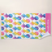 Serviette De Plage Nom de monogramme rose ananas tropical (Devant)