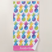 Serviette De Plage Nom de monogramme rose ananas tropical (Devant)