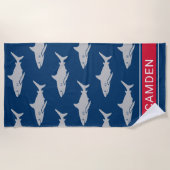 Serviette De Plage Nom de monogramme rouge Navy Requin Blanc (Devant)