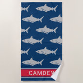Serviette De Plage Nom de monogramme rouge Navy Requin Blanc (Devant)
