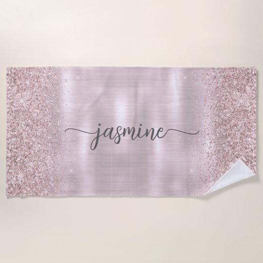 Serviette De Plage Nom de monogramme scintillant Rose Gold Glam écrit (Devant)