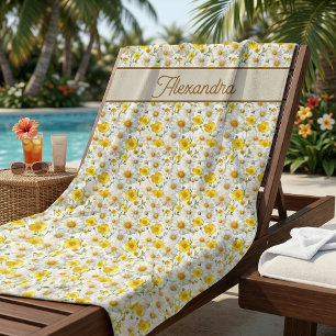 Serviette De Plage Nom de motif de fleur sauvage à l'aquarelle jaune