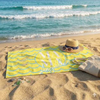 Serviette De Plage Nom de script MAMA personnalisé jaune vague de coq