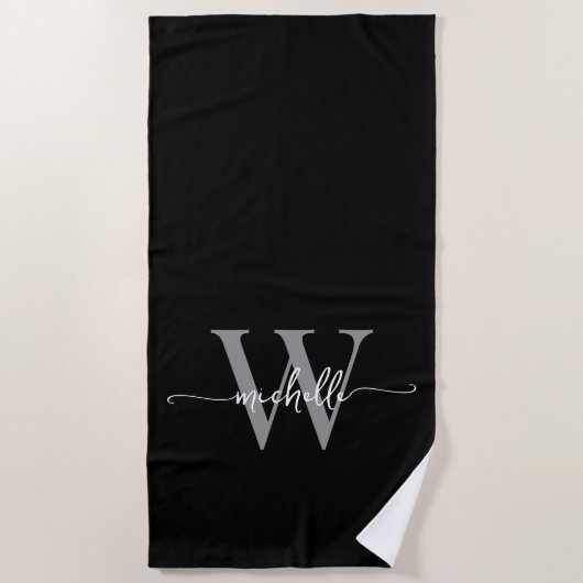 Serviette De Plage Nom de style moderne gris noir avec monogramme scr (Devant)