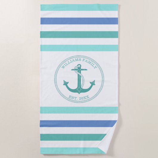 Serviette De Plage Nom décoré d'un monogramme rayé de Seafoam d'Ancre (Devant)