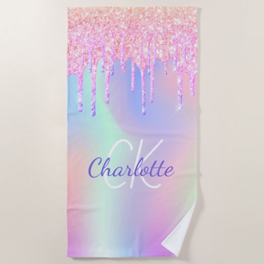 Serviette De Plage Nom des gouttes violet rose holographique (Devant)