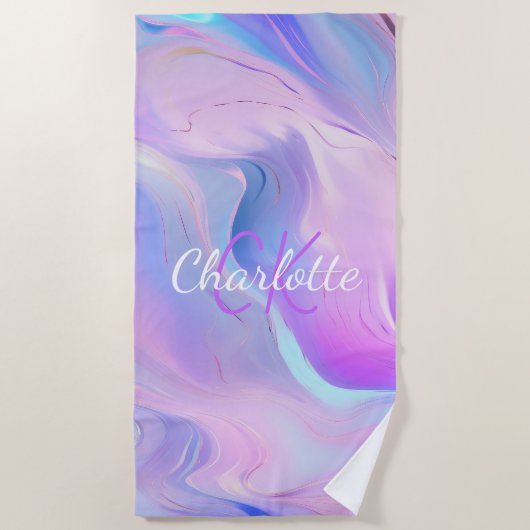 Serviette De Plage Nom des initiales du monogramme violet rose hologr (Devant)