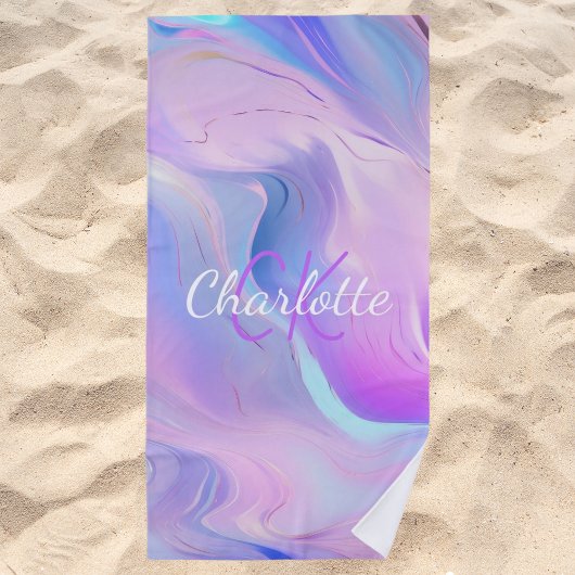 Serviette De Plage Nom des initiales du monogramme violet rose hologr