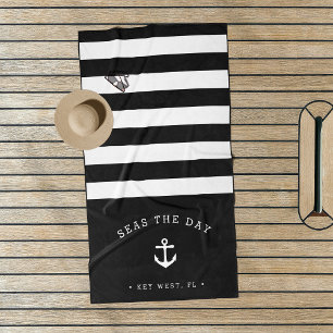 Serviette De Plage Nom du bateau à bande noire et blanche