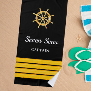 Serviette De Plage Nom du bateau de yacht noir or bandes du volant