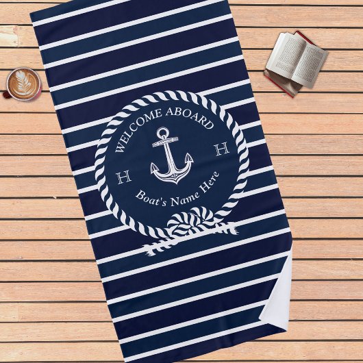 Serviette De Plage Nom du bateau nautique Ancre Marine Blue Welcome