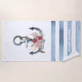 Serviette De Plage Nom du bateau nautique, Fleurs d'Ancres rayures (Devant)
