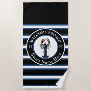 Serviette De Plage Nom du bateau nautique rayé blanc Homard bleu