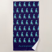 Serviette De Plage Nom du garçon personnalisé Dinosaur bleu (Devant)