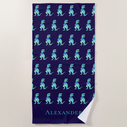 Serviette De Plage Nom du garçon personnalisé Dinosaur bleu (Devant)