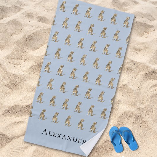 Serviette De Plage Nom du garçon personnalisé Dinosaur bleu