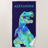 Serviette De Plage Nom du garçon personnalisé Dinosaur bleu (Devant)