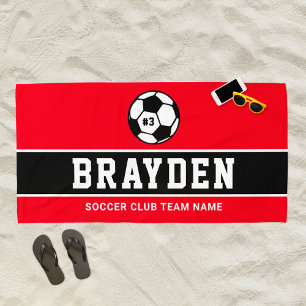 Serviette De Plage Nom du joueur de football rouge personnalisé