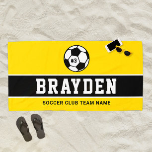Serviette De Plage Nom du joueur de soccer jaune personnalisé