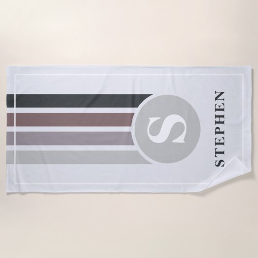 Serviette De Plage Nom du monogramme gris rayures rétro (Devant)