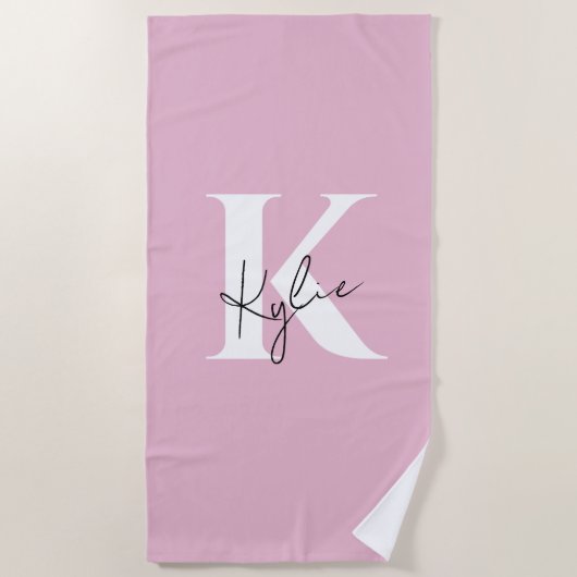 Serviette De Plage Nom du monogramme personnel rose moderne - (Devant)