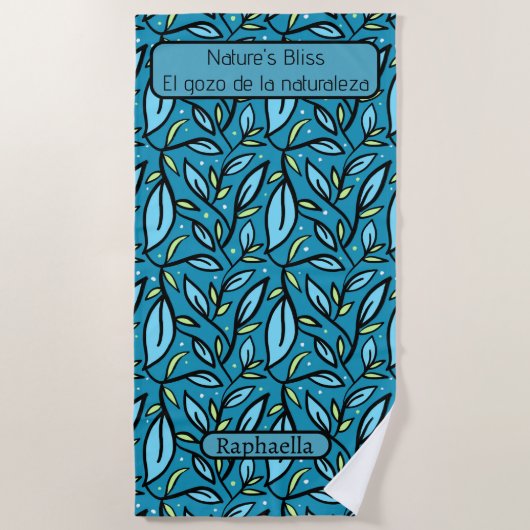 Serviette De Plage Nom du Motif Feuille bleu Texte bilingue (Devant)
