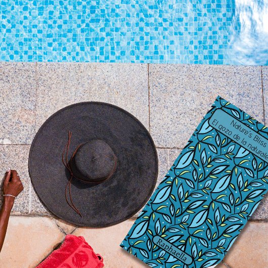 Serviette De Plage Nom du Motif Feuille bleu Texte bilingue