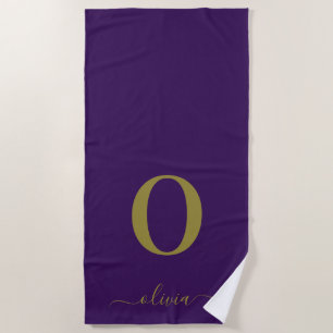 Serviette De Plage Nom Du Script Monogramme Personnalisé Purple Et Or