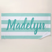 Serviette De Plage Nom du script personnalisé Aqua Blue Striped (Devant)