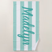 Serviette De Plage Nom du script personnalisé Aqua Blue Striped (Devant)
