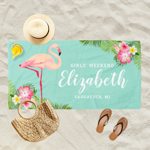 Serviette De Plage Nom du week-end des filles Tropical Flamingo Aqua