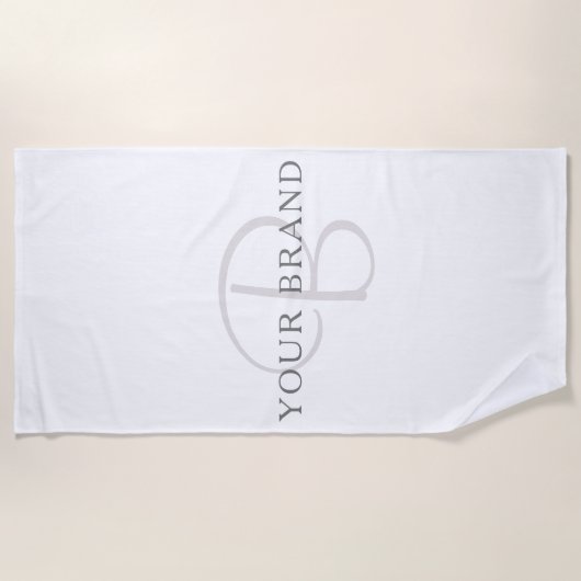 Serviette De Plage Nom élégant Monogramme | Blanc et gris (Devant)