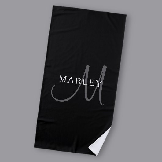 Serviette De Plage Nom élégant Monogramme | Blanc noir et gris