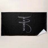 Serviette De Plage Nom élégant Monogramme | Blanc noir et gris (Devant)