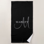 Serviette De Plage Nom élégant Monogramme | Blanc noir et gris (Devant)