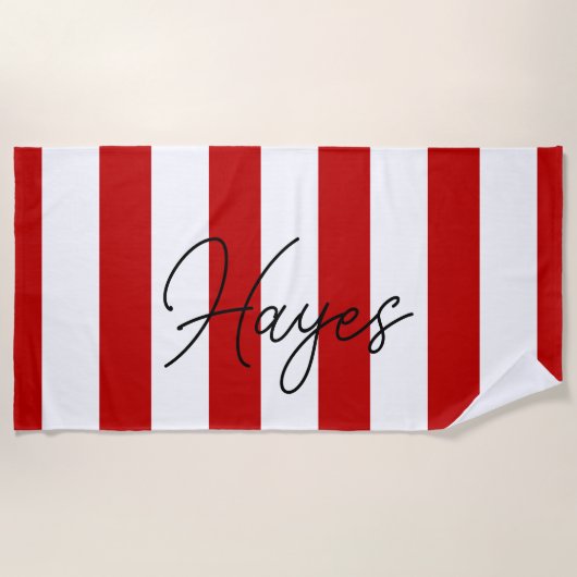 Serviette De Plage Nom en écriture cursive rouge et blanc et rayures (Devant)