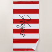 Serviette De Plage Nom en écriture cursive rouge et blanc et rayures (Devant)