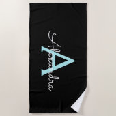 Serviette De Plage Nom en monogramme girly bleu sarcelle aqua Script (Devant)