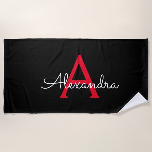 Serviette De Plage Nom en monogramme girly script rouge noir (Devant)