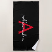 Serviette De Plage Nom en monogramme girly script rouge noir (Devant)
