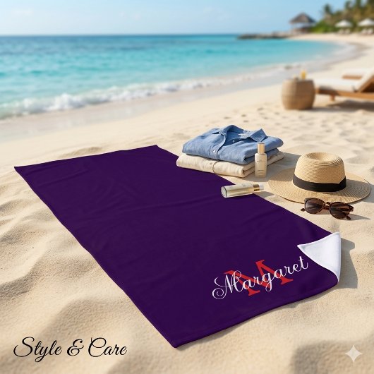 Serviette De Plage Nom et initiale personnalisés violet foncé