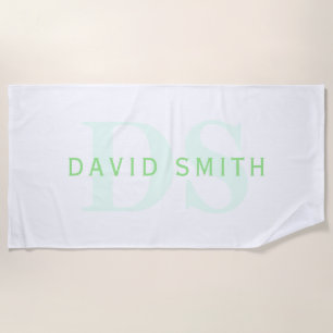 Serviette De Plage Nom et monogramme modernes Vert et blanc