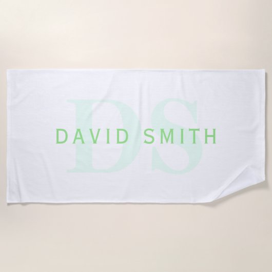 Serviette De Plage Nom et monogramme modernes | Vert et blanc (Devant)