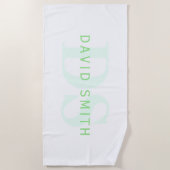 Serviette De Plage Nom et monogramme modernes | Vert et blanc (Devant)