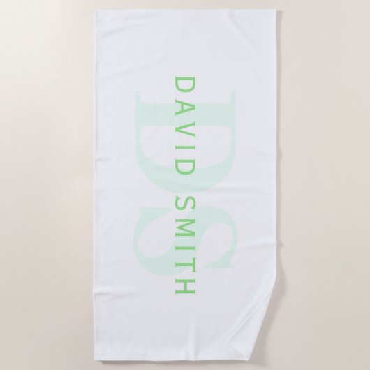 Serviette De Plage Nom et monogramme modernes | Vert et blanc (Devant)